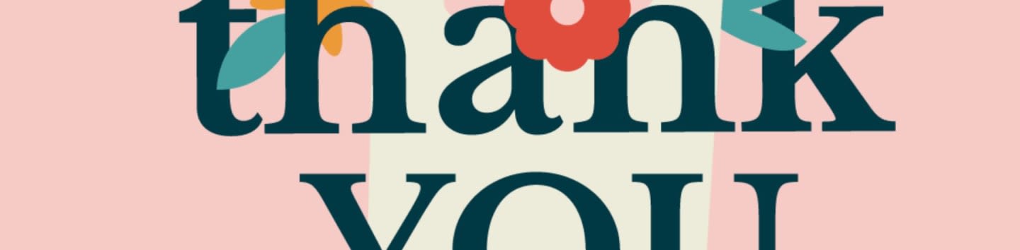 Large, dark teal letters spelling "thank you" are overlaid on a pale pink and cream background with floral accents.