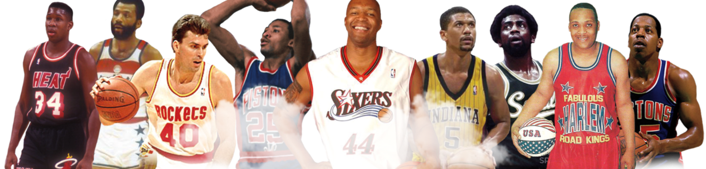 A group of basketball players in various uniforms are lined up against a white background.