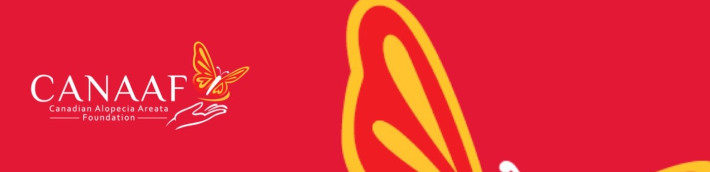 A logo with the text "CANAAF Canadian Alopecia Areata Foundation" and a butterfly on a hand is on the left, while a large, abstract yellow and red butterfly wing fills the right side of the red background.