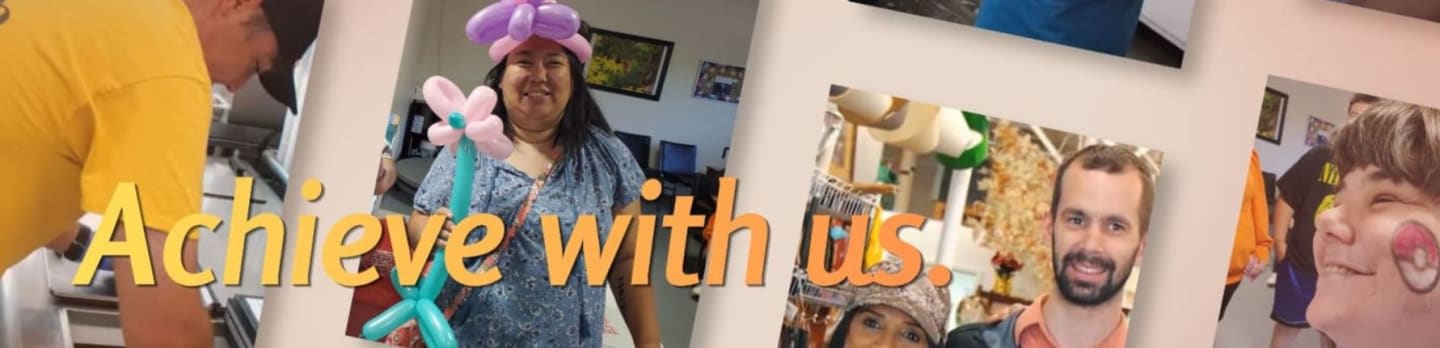 A person in a yellow shirt is in the foreground, with a woman wearing a balloon hat and a balloon animal in the background, alongside other people and a motivational phrase.