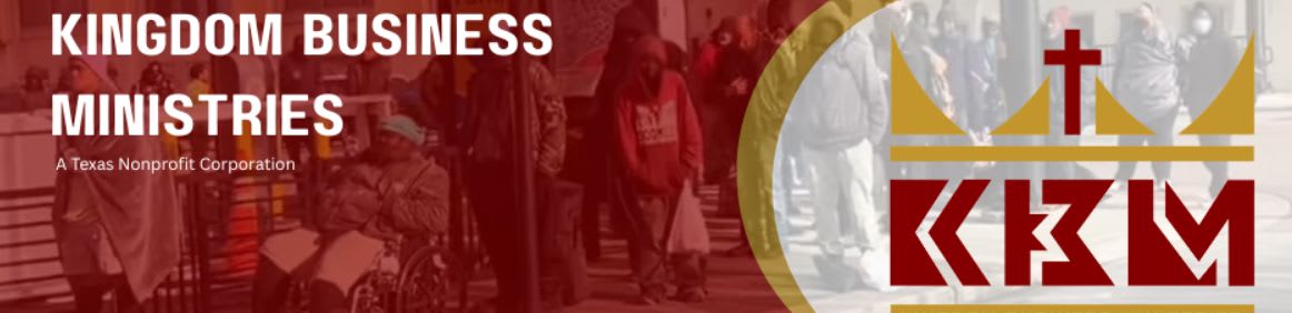 A group of people are walking in the background, while the foreground displays the text "KINGDOM BUSINESS MINISTRIES" and a logo with a crown and the letters "KBM".