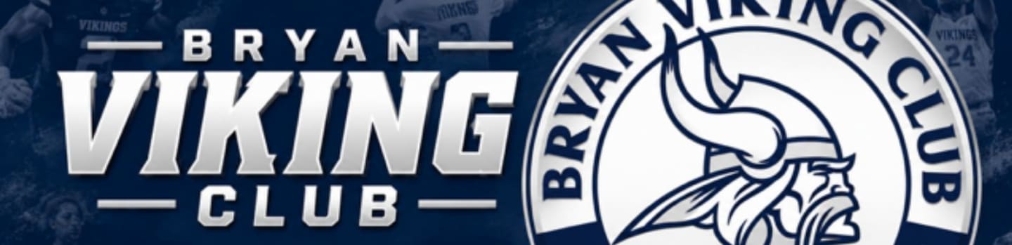 The foreground features the words "BRYAN VIKING CLUB" in large, metallic letters and a Viking mascot, while the background shows a blurred image of basketball players.