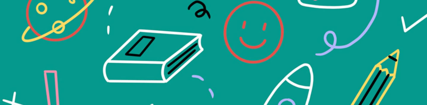 A teal background is filled with colorful, hand-drawn doodles of school-related items like a book, pencil, and planet, along with a smiley face and abstract shapes.