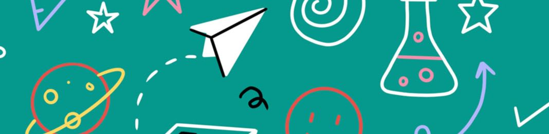 A white paper airplane flies across a teal background filled with colorful, hand-drawn doodles of planets, stars, and scientific equipment.