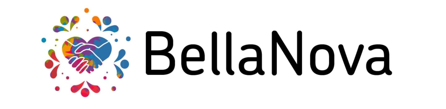 A colorful heart formed by shaking hands is on the left, with the text "BellaNova" to its right on a white background.