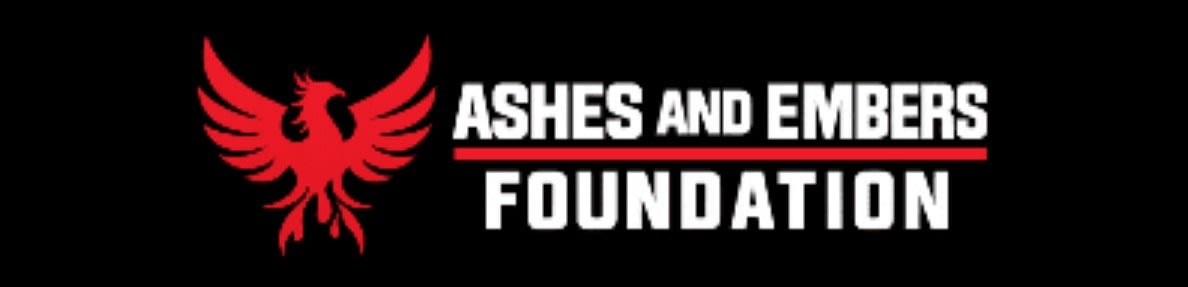 A red phoenix logo is on the left, with the white text "ASHES AND EMBERS FOUNDATION" to its right, all set against a black background.