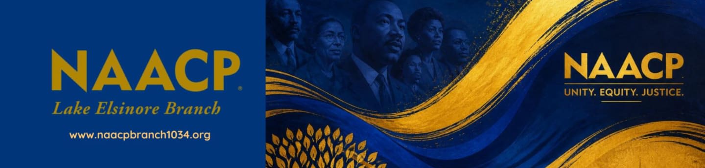 The foreground displays the NAACP logo and website on a blue background, while the background features a collage of portraits and golden wavy lines.