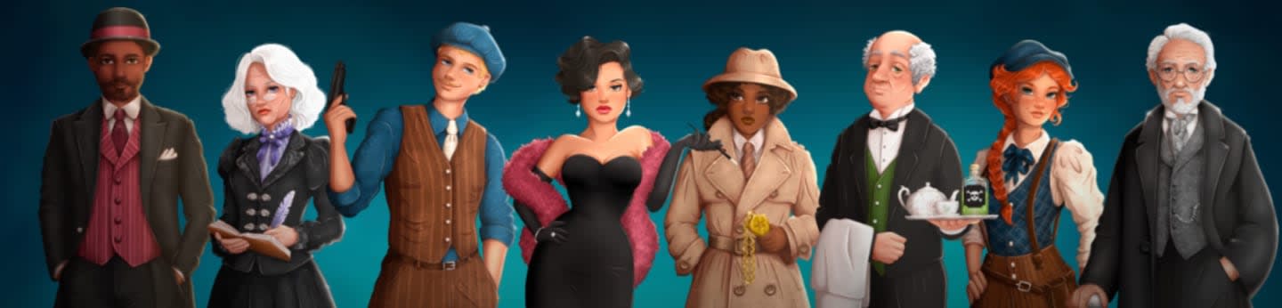 A group of eight stylized characters in vintage attire stand against a teal background, with a butler in the foreground holding a tea tray.