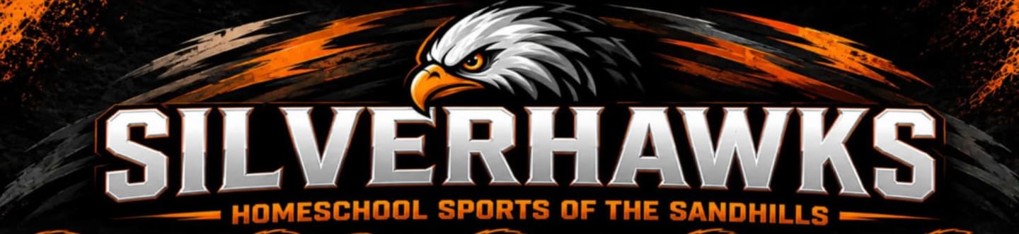A fierce eagle head is emblazoned above the bold text "SILVERHAWKS HOMESCHOOL SPORTS OF THE SANDHILLS" against a dark background with fiery orange accents.