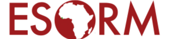 The foreground features the letters "ESORM" in a dark red color, with the "O" replaced by a globe showing Africa, while the background is white.