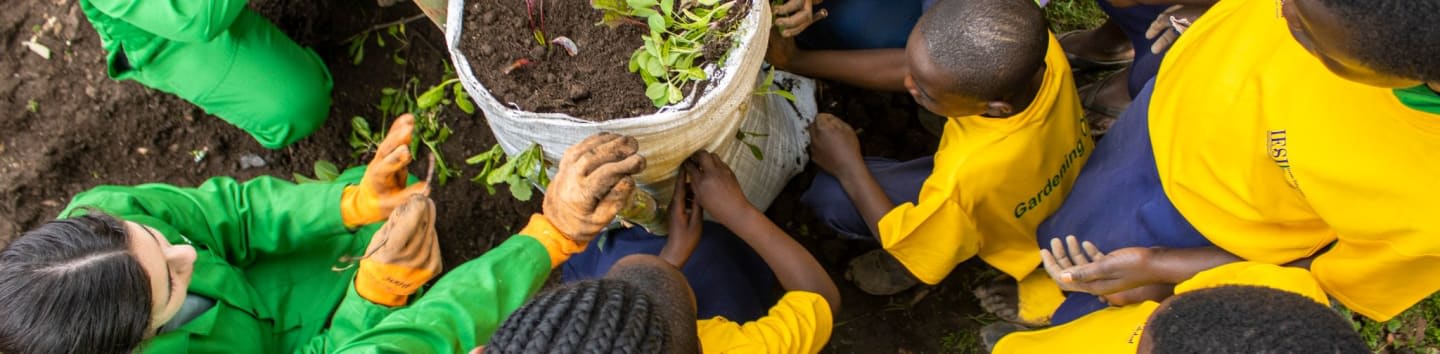 A group of children in yellow shirts and adults in green jackets are planting in a large pot on the ground.