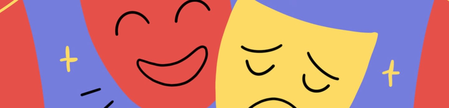 A happy red mask and a sad yellow mask are shown against a background of red and blue with small yellow crosses.