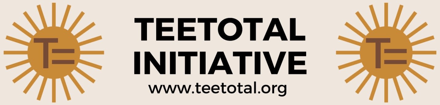 Two sun-like emblems flank the words "TEETOTAL INITIATIVE" and a website address on a light beige background.