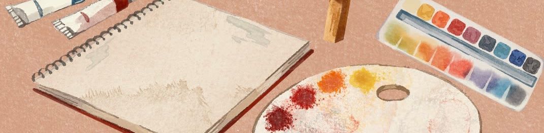 A sketchbook, paint tubes, a palette with colorful paints, and a watercolor set are arranged on a textured, peachy background.