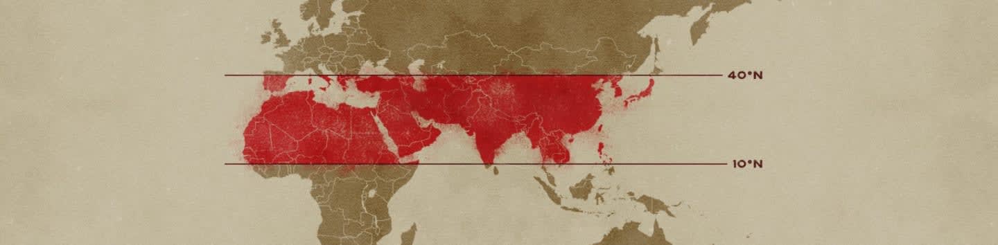A faded world map with a large red area highlighting parts of North Africa, the Middle East, and Asia is shown against a textured, parchment-like background.