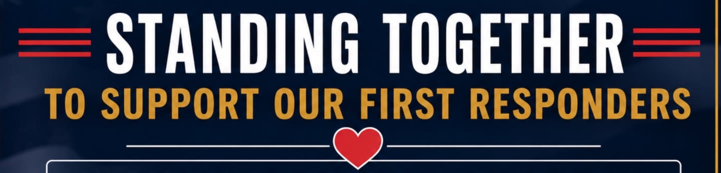 White text reading "STANDING TOGETHER" and gold text reading "TO SUPPORT OUR FIRST RESPONDERS" are displayed against a dark blue background with a red heart in the foreground.