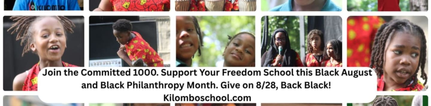 A collage of children's faces and action shots fills the background, with a call to action for Kilombo School in the foreground.
