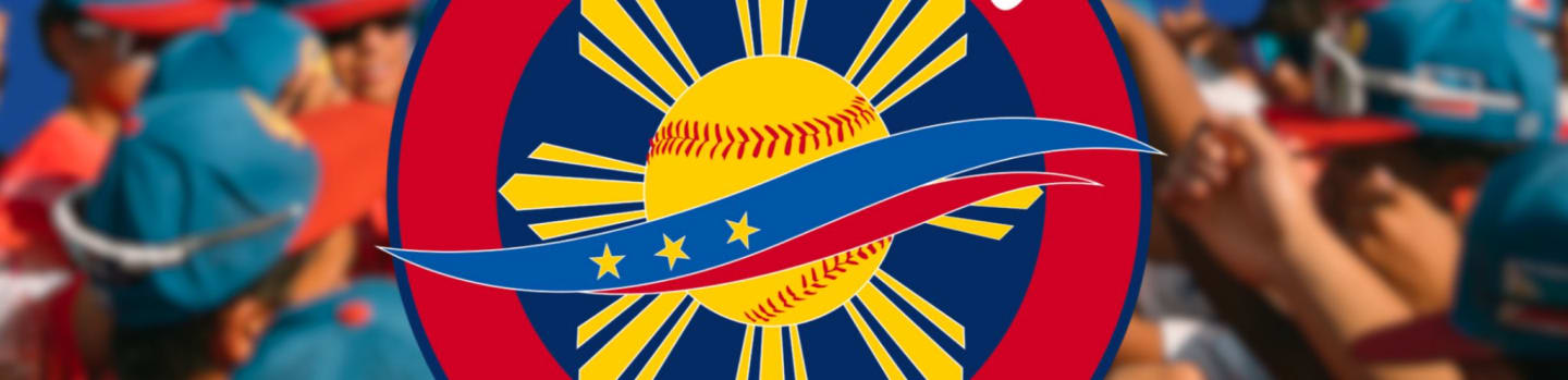 A circular emblem with a baseball and sun is in the foreground, with a blurred crowd of people in the background.