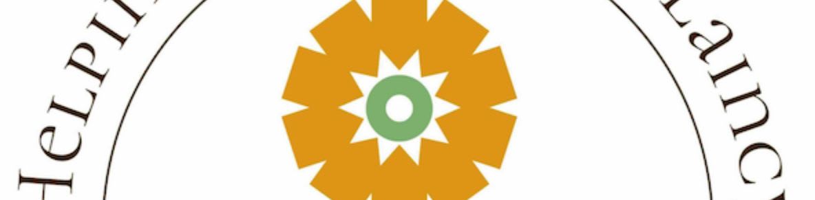 A stylized orange flower with a green center is set against a white background with curved text on either side.