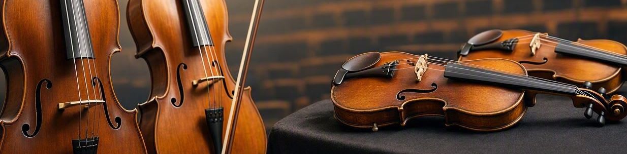 Two cellos stand in the foreground with a bow resting on one, while two violins are laid out on a dark surface in the background.