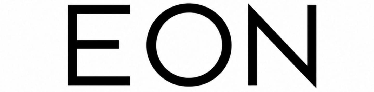 The foreground displays the letters "EON" in bold black font against a plain white background.