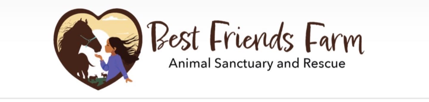 A silhouette of a horse and a girl are in the foreground within a heart shape, with the text "Best Friends Farm Animal Sanctuary and Rescue" in the background.