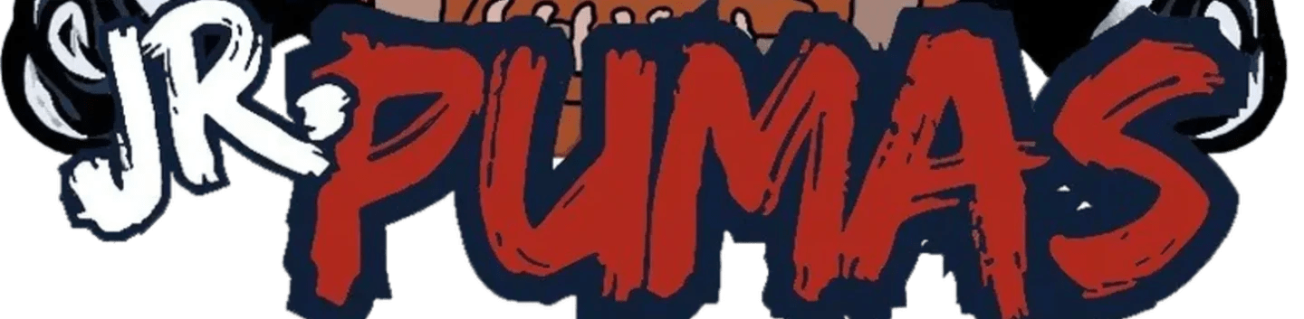The foreground features bold red lettering spelling "JR PUMAS" with a dark blue outline, set against a white background with abstract black shapes behind the text.