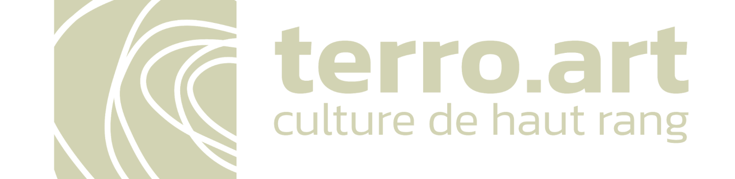 A pale green abstract design is on the left, with the text "terro.art culture de haut rang" in a lighter shade of green on the right.