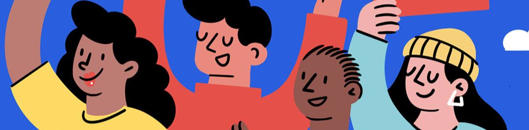 A diverse group of people with raised arms are depicted against a vibrant blue background with abstract shapes.