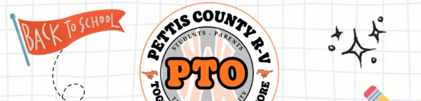 A "Back to School" banner and a "Pettis County R-V PTO" logo are featured on a grid-patterned background with doodles of stars and a pencil.