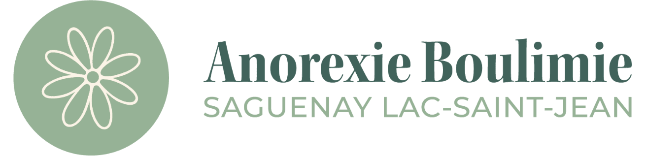 A light green circle with a white flower outline is on the left, with the words "Anorexie Boulimie" and "SAGUENAY LAC-SAINT-JEAN" in dark green and light gray text to its right.