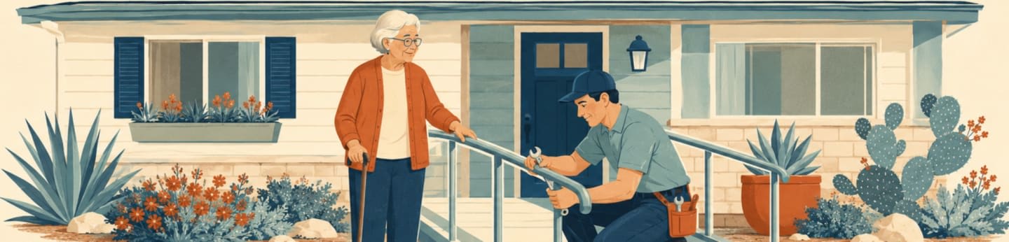 An elderly woman with a cane stands on a porch as a man installs a handrail, with a house and desert plants in the background.