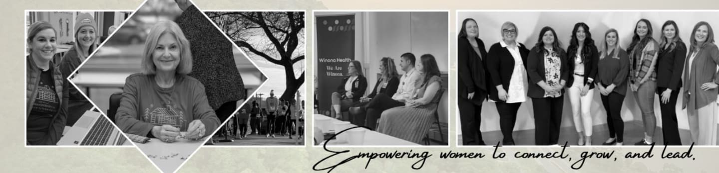 A collage of black and white photos shows women in various settings, from casual outdoor scenes to formal group portraits, with the text "Empowering women to connect, grow, and lead" at the bottom.