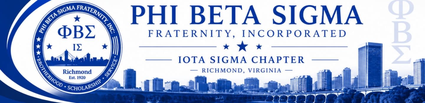 A blue and white banner displays the text "PHI BETA SIGMA FRATERNITY, INCORPORATED IOTA SIGMA CHAPTER - RICHMOND, VIRGINIA" over a cityscape.