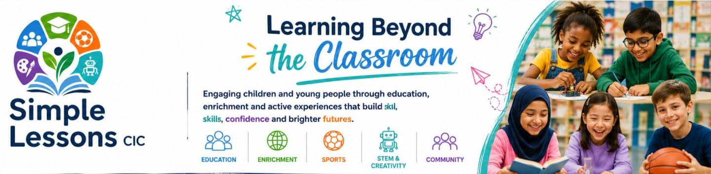 A logo for "Simple Lessons CIC" is on the left, and a group of diverse children are smiling and engaged in learning activities in the background.