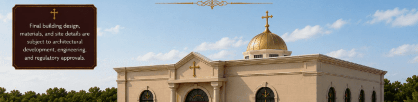 A beige Ethiopian Orthodox church with a golden dome stands prominently in the foreground, set against a clear blue sky with fluffy clouds and lush green trees in the background.