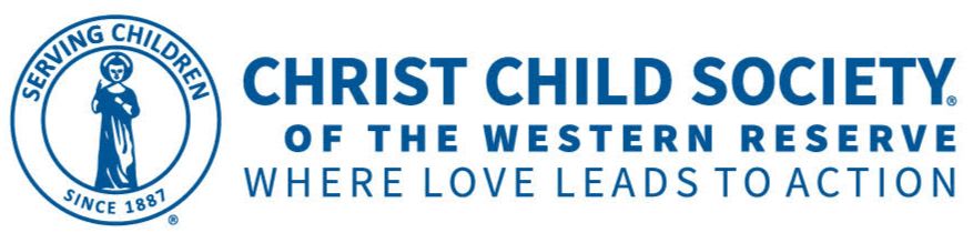 A blue circular logo with a figure inside is on the left, and the words "CHRIST CHILD SOCIETY. OF THE WESTERN RESERVE WHERE LOVE LEADS TO ACTION" are on the right.