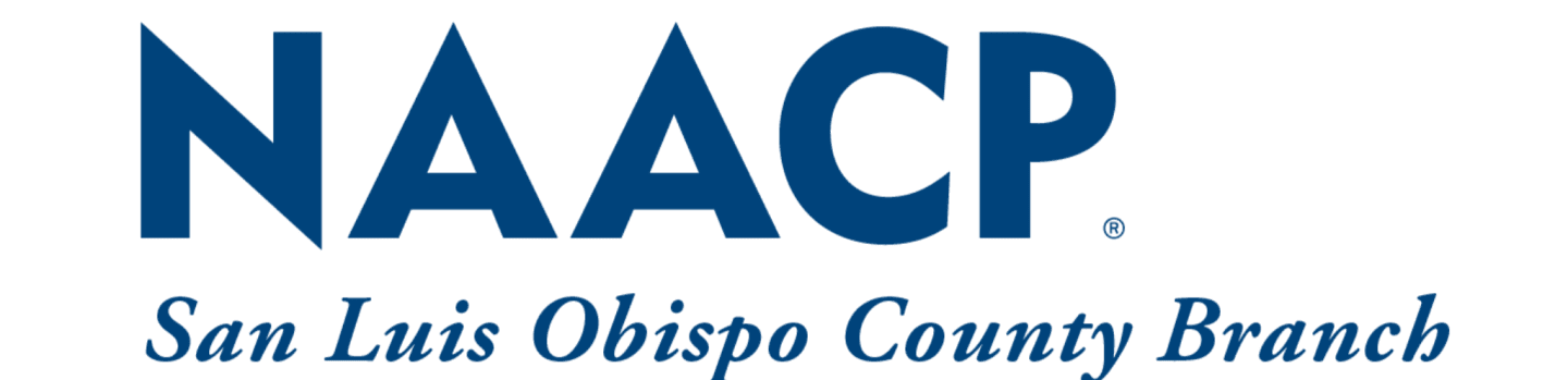 The foreground displays the NAACP logo in dark blue, with the text "San Luis Obispo County Branch" below it, all on a white background.
