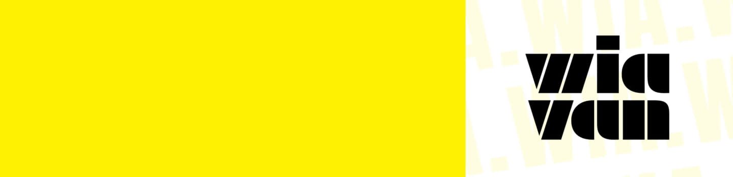 A bright yellow rectangle occupies the left side of the image, while the right side features the black text "via van" against a light, textured background.