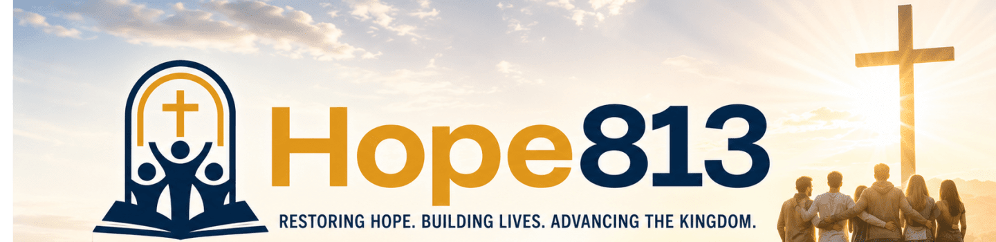A group of people stand with their backs to the viewer, looking towards a large cross in the background, with the text "Hope813" and a tagline in the foreground.