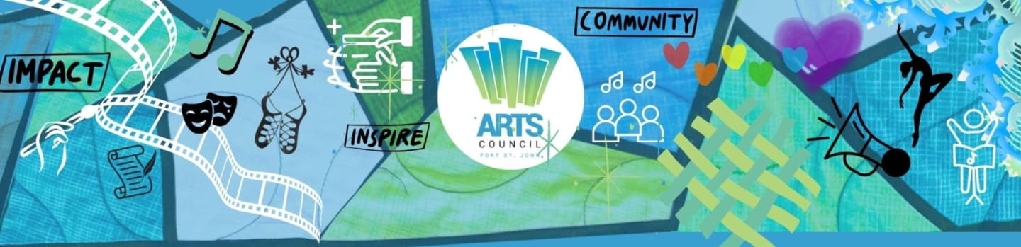 A collage of artistic symbols and words like "Impact," "Inspire," and "Community" are overlaid on a blue and green abstract background with a central "Arts Council" logo.