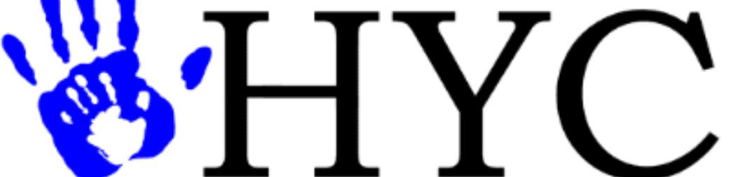 A blue handprint is to the left of the black letters "HYC" which are above a blue banner with white text that reads "HUBBARD YOUTH COALITION INC." and below that, smaller text lists "Academic Achievement • Health and Physical Development • Community Service" on a white background.