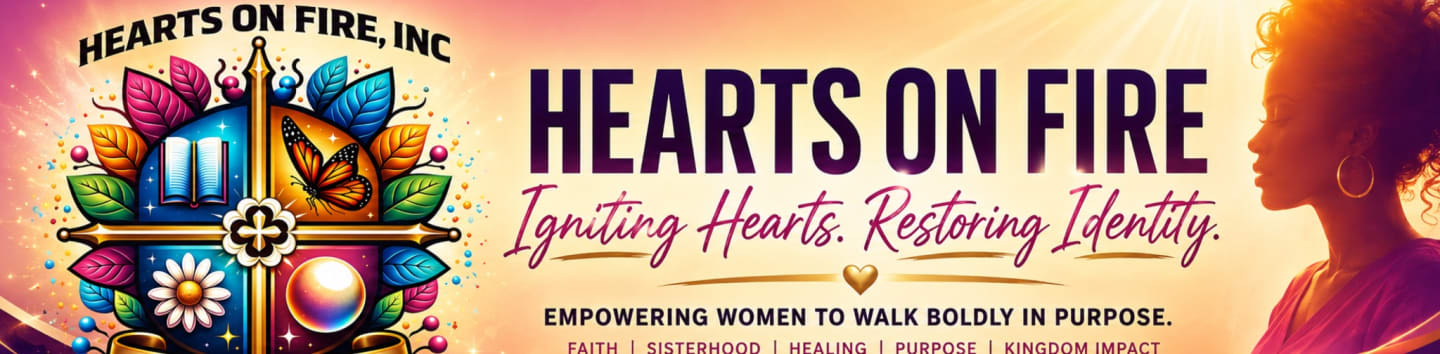 A colorful emblem with a cross and floral elements is in the foreground, while the background features the text "HEARTS ON FIRE" and the silhouette of a woman against a sunset.