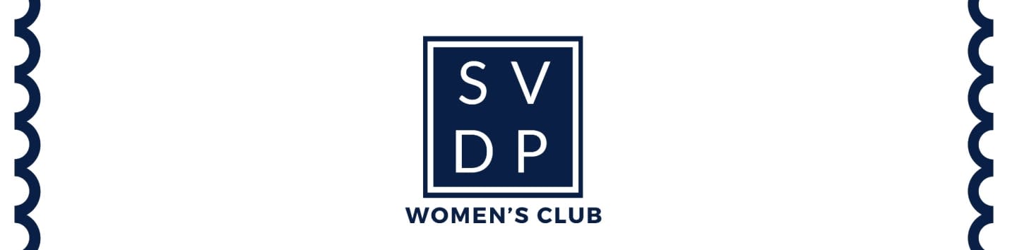 A navy blue square with white letters "SVDP" is centered above the words "WOMEN'S CLUB" on a white background with decorative navy blue scalloped borders on the left and right sides.
