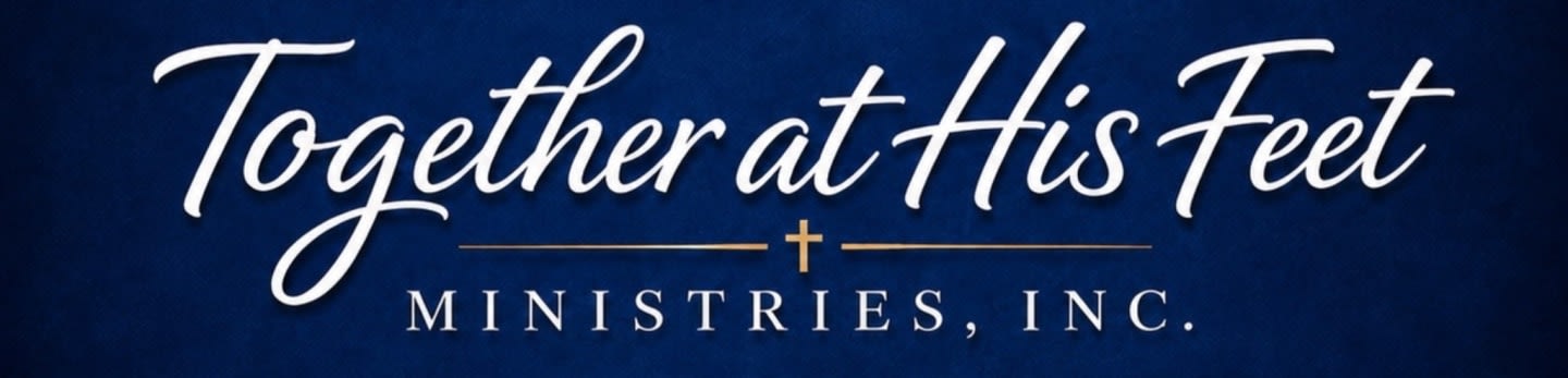 White cursive text reading "Together at His Feet" is centered above the words "MINISTRIES, INC." in white sans-serif font, all set against a dark blue background.