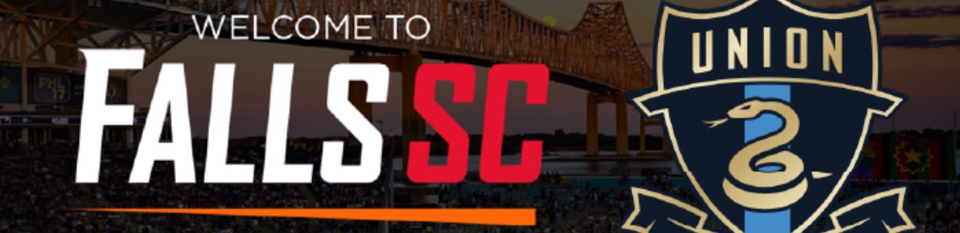 Large white text reading "FALLS SC" is superimposed over a stadium and bridge in the background, with a soccer team logo on the right.
