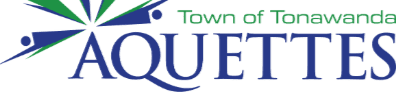 A stylized starburst of green and blue figures forms the foreground, with the words "Town of Tonawanda" and "AQUETTES" in blue text in the background.