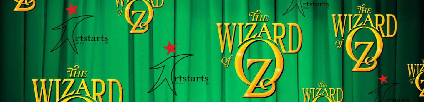 Golden "The Wizard of Oz" logos and "Artstarts" logos with red stars are scattered across a green, draped curtain background.