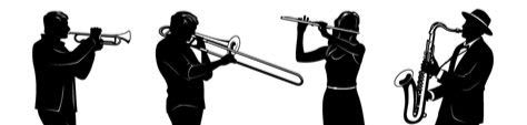Silhouettes of four musicians playing a trumpet, trombone, flute, and saxophone stand against a white background.