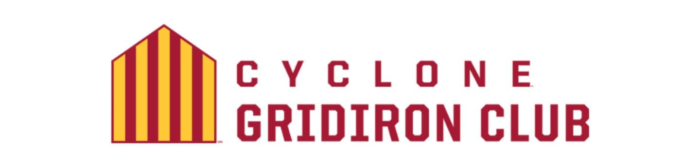 A stylized house with red and yellow stripes stands to the left of the words "CYCLONE GRIDIRON CLUB" in dark red text on a white background.